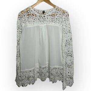 Oioninos Boho White Long Sleeve Crochet Floral Lace & Sheer Fabric Blouse Size M